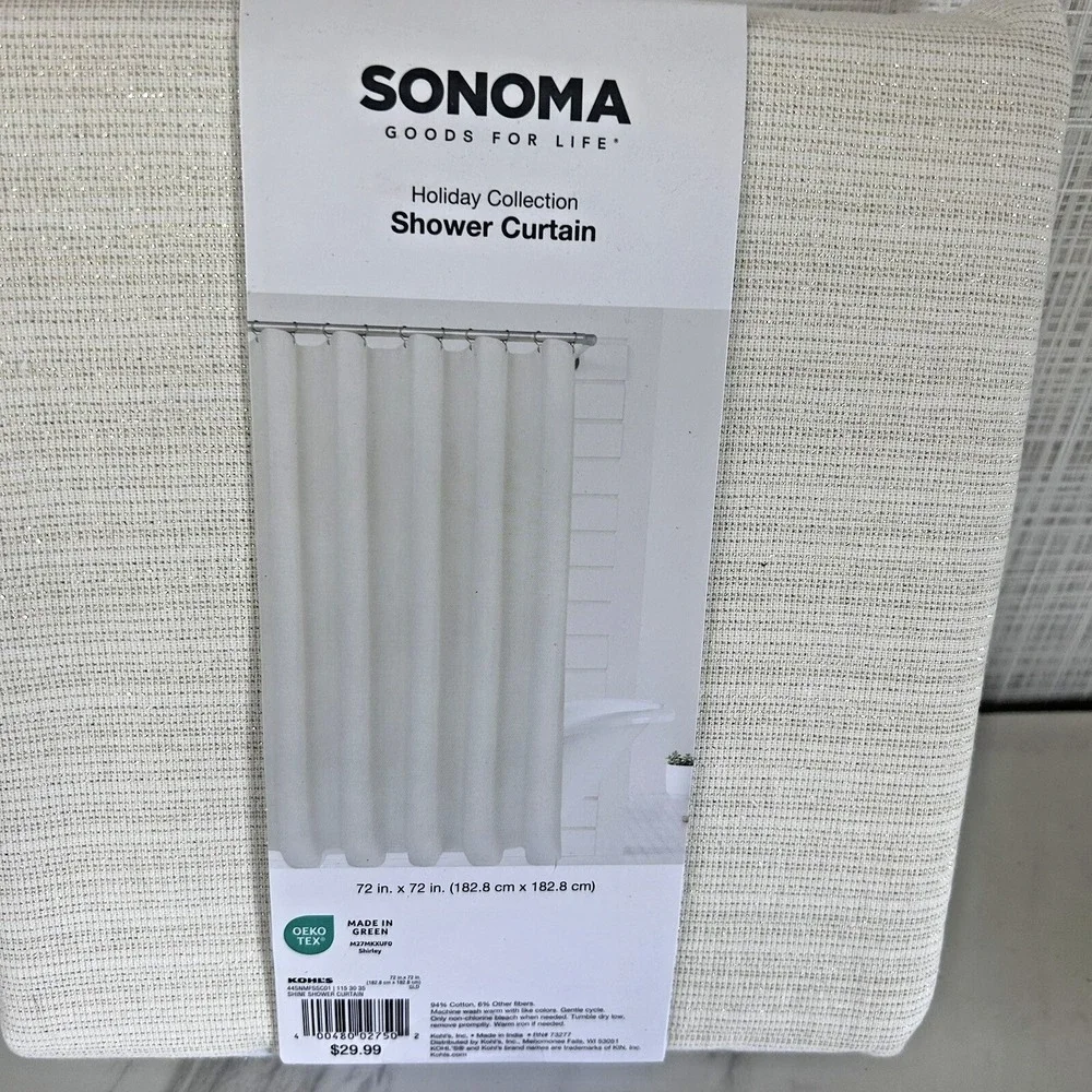 Sonoma Fabric Shower Curtain 72x72 Holiday Ivory Gold Thread Cotton Blend‎ Bxk